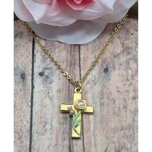 Vintage Avon Signed Gold Toned Rose Cross Pendant Necklace Gift Religious 16.5"